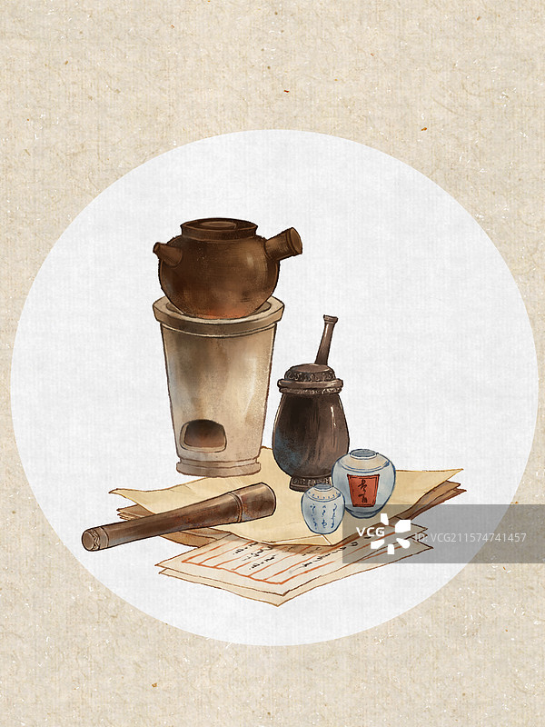 药包药罐中医药材行医—国画古风水墨国风静物插画图片素材