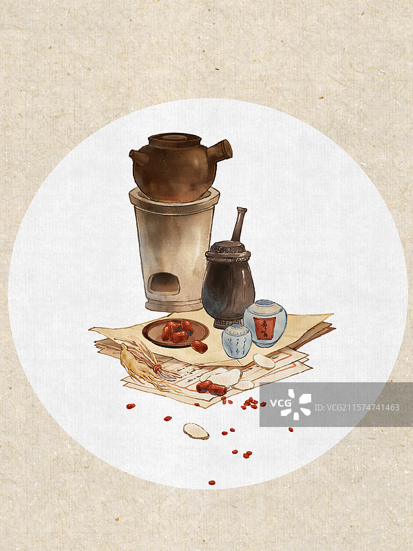 药包药罐中医药材行医—国画古风水墨国风静物插画图片素材