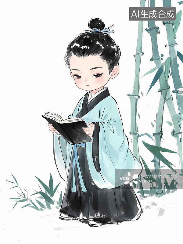 【AI数字艺术】看书的古风男子插画图片素材