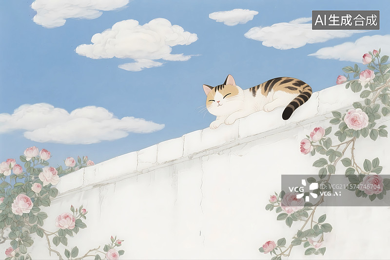 【AI数字艺术】蓝天下的猫咪在蔷薇花墙角睡觉图片素材