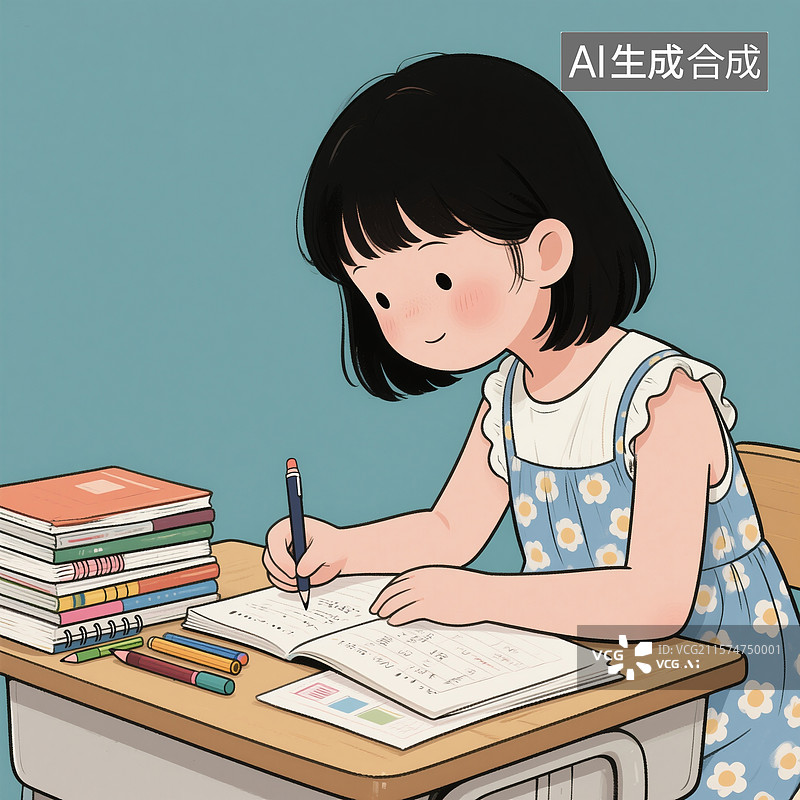 【AI数字艺术】暑假放假了，可爱的小学生在假期写作业图片素材