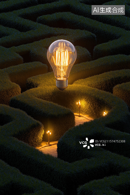 【AI数字艺术】迷宫中的发光灯泡图片素材