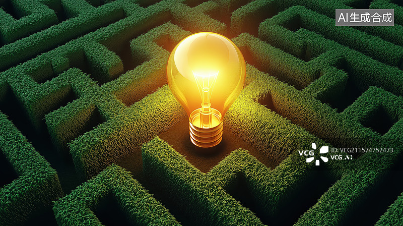 【AI数字艺术】迷宫中心的发光灯泡图片素材