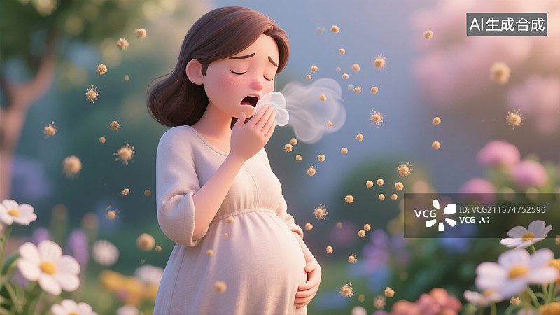 【AI数字艺术】孕妇的春季喷嚏3D卡通插画过敏困扰创意治愈艺术描绘季节变化花粉防御和健康意识杂志封面和医疗图片素材