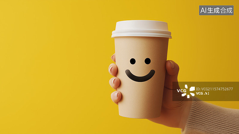 【AI数字艺术】手握带笑脸的纸杯咖啡图片素材