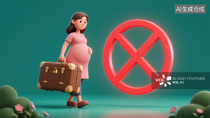 【AI数字艺术】孕期安全警示3D卡通插画年轻孕妇抬起重型行李箱旁有警告标志健康意识艺术孕期指南和健康宣传活动杂志封面图片素材
