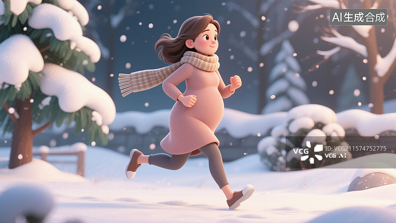 【AI数字艺术】励志孕妇跑步者3D卡通插画年轻女性在冬雪中慢跑创意治愈艺术力量健康和母性杂志封面健康活动激励海报图片素材