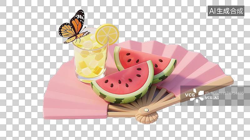 【AI数字艺术】创意3D蒲扇上的中国节气夏至立夏节日海报小暑三伏天夏日插画西瓜柠檬水蝴蝶杂志配图文化节日清爽夏日季节图片素材