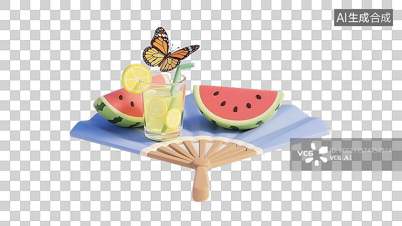 【AI数字艺术】创意3D蒲扇上的中国节气夏至立夏节日海报小暑三伏天夏日插画西瓜柠檬水蝴蝶杂志配图文化节日清爽夏日季节图片素材