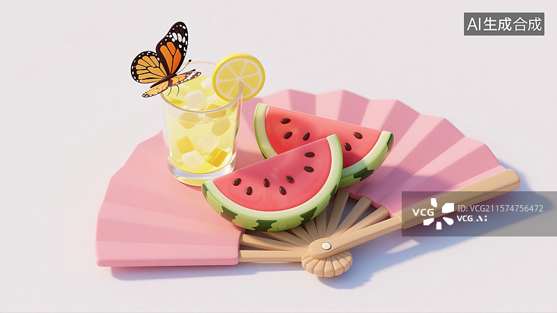 【AI数字艺术】创意3D蒲扇上的中国节气夏至立夏节日海报小暑三伏天夏日插画西瓜柠檬水蝴蝶杂志配图文化节日清爽夏日季节图片素材