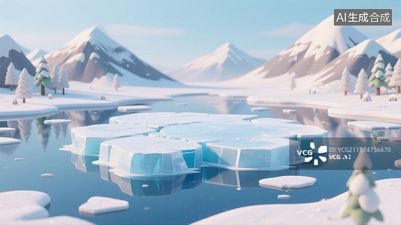 【AI数字艺术】漂浮冰河板块与远山3D卡通冬季风景创意抽象商业背景杂志封面自然景观金融科技主题和年会背景艺术作品图片素材