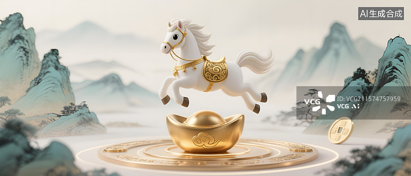 【AI数字艺术】生肖马年——金元宝上的祥瑞白马贺岁图片素材