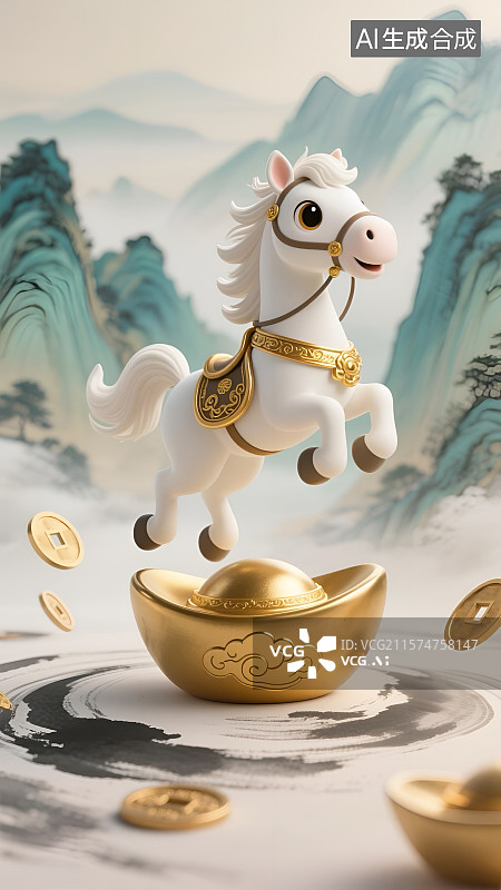 【AI数字艺术】生肖马年——金元宝上的祥瑞白马贺岁图片素材