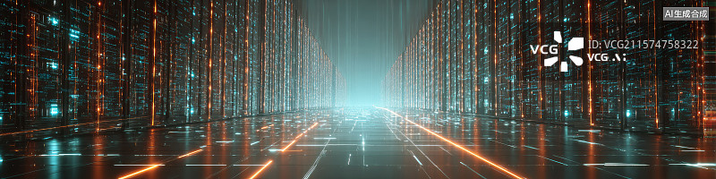 【AI数字艺术】未来数据中心可视化点云技术艺术服务器和区块链网络的抽象商业背景新质生产力发光数据流创新新型数据存储图片素材