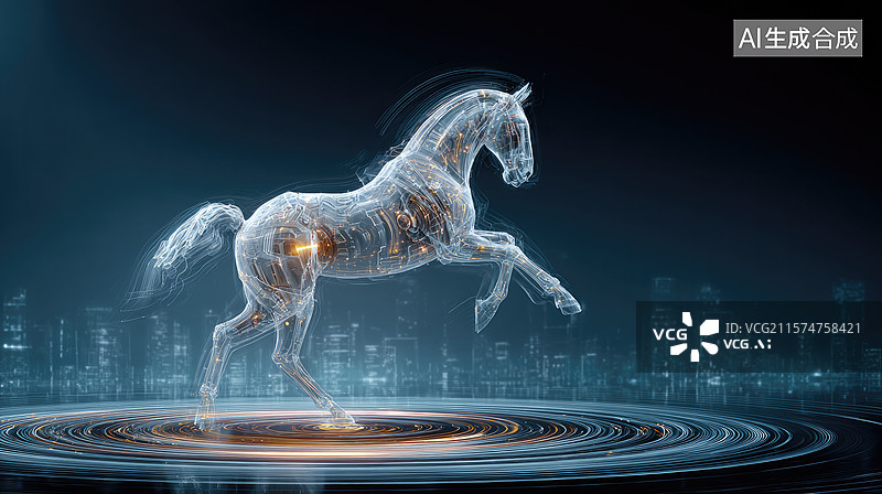 【AI数字艺术】梦幻蓝马环绕发光星球2026年春节数字艺术未来派中国生肖邂逅宇宙智慧城市杂志封面和科技抽象商业背景图片素材