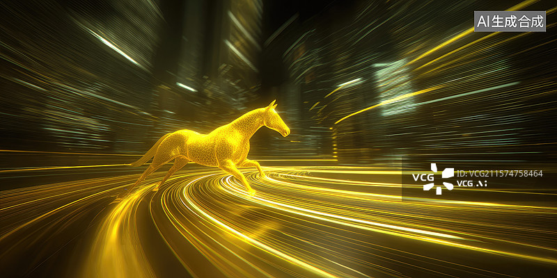 【AI数字艺术】璀璨金马环绕天体2026年春节数字艺术未来派中国生肖融合宇宙智慧城市杂志封面和科技抽象商业背景模糊速图片素材