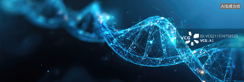 【AI数字艺术】抽象数字DNA螺旋未来全息图插画蓝色光线与星星科学研究和生物技术超现实背景科技创新图片素材