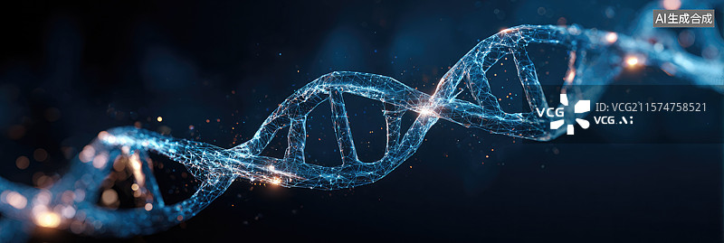 【AI数字艺术】抽象数字DNA螺旋未来全息图插画蓝色光线与星星科学研究和生物技术超现实背景科技创新图片素材