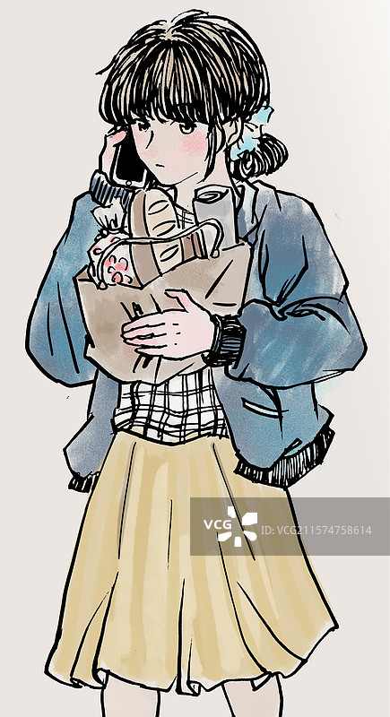 漫画水彩女孩手拿纸袋面包糖果报纸打电话半身像描线美少女图片素材