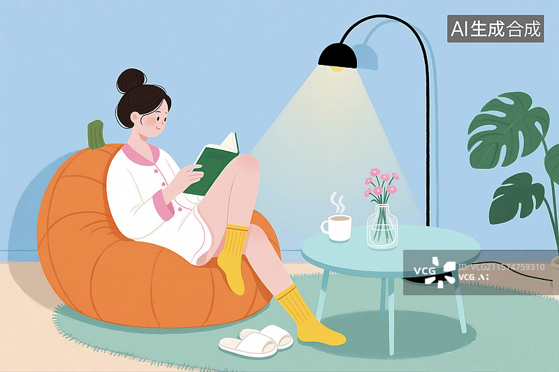 【AI数字艺术】墙角沙发台灯下女孩读书悠闲图片素材