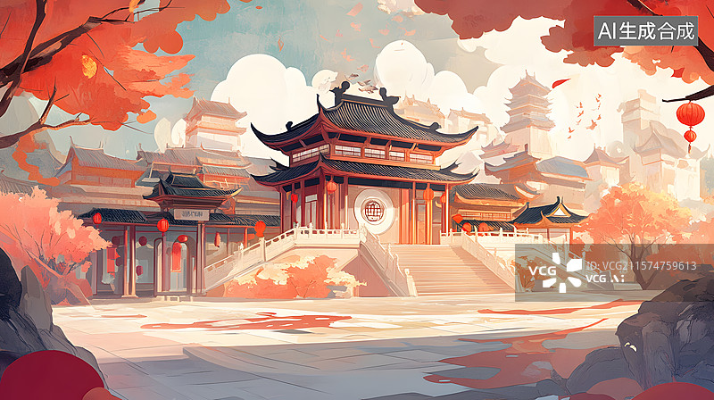 【AI数字艺术】中国风古建筑天宫楼阁与山水花卉的和谐美景图片素材