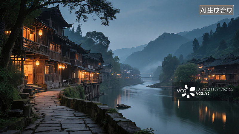 【AI数字艺术】宜宾夜景水墨画图片素材