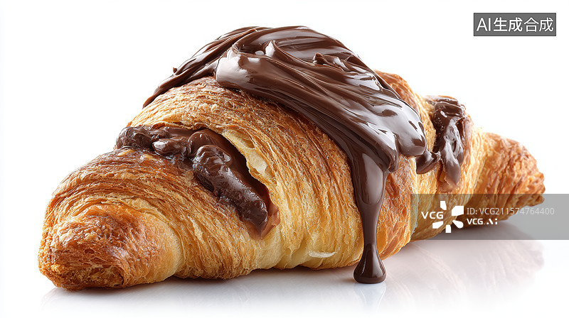 【AI数字艺术】巧克力酱淋面的金黄羊角面包图片素材