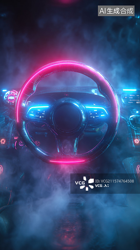【AI数字艺术】霓虹灯光下的未来驾驶舱图片素材