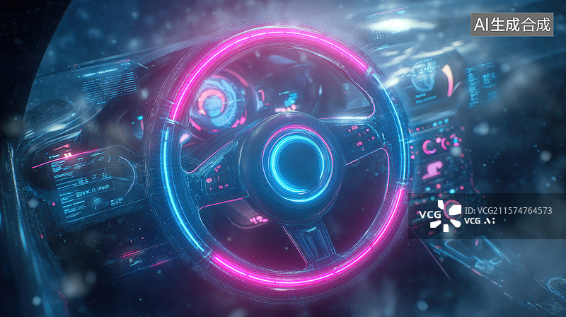 【AI数字艺术】未来驾驶舱内部，霓虹灯效方向盘图片素材