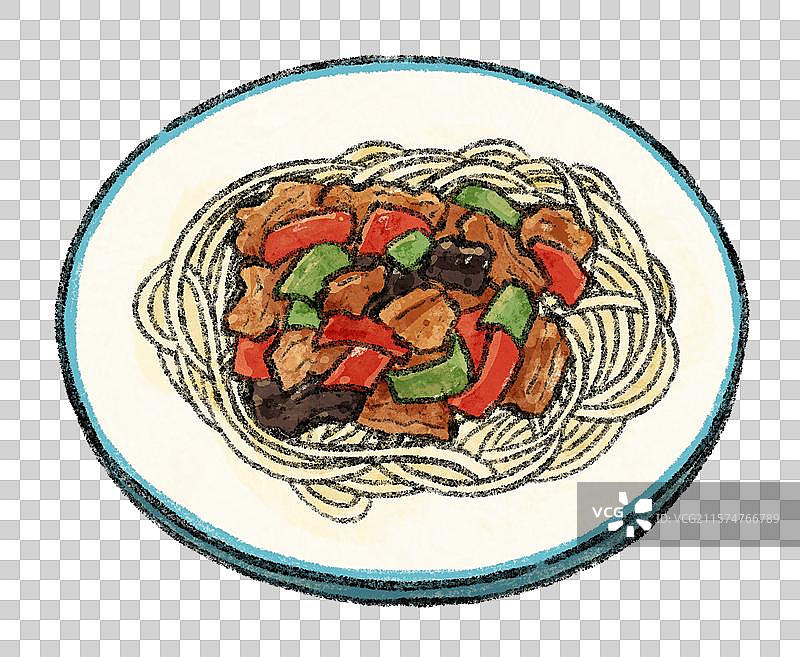 新疆美食国风插画-过油肉拌面图片素材