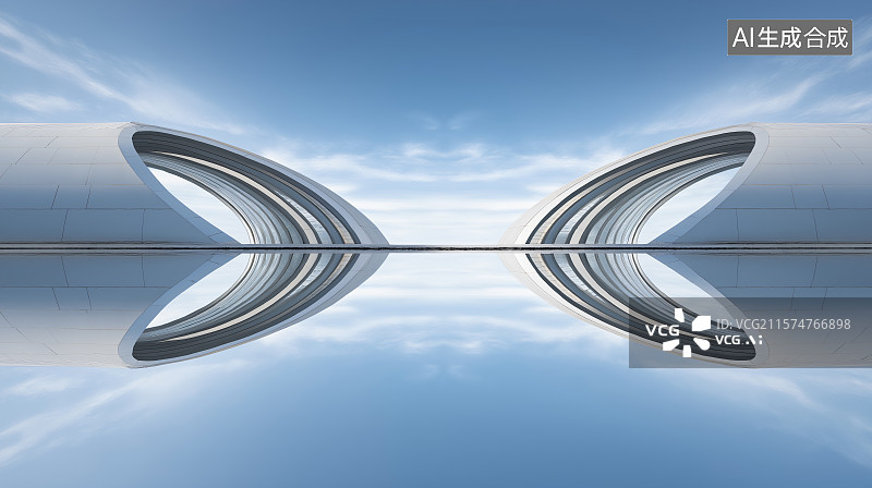 【AI数字艺术】现代建筑镜像场景，极简几何线条，融合天空水面，尽显艺术美学 。图片素材