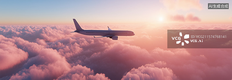 【AI数字艺术】阳光明媚的夏日，载着乘客的大型客机在明亮日落的紫色天空上飞行图片素材