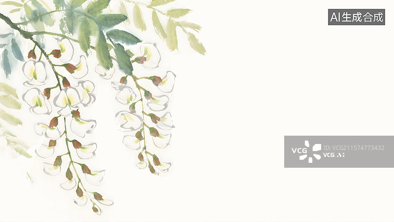 【AI数字艺术】槐花水墨画背景居左图片素材