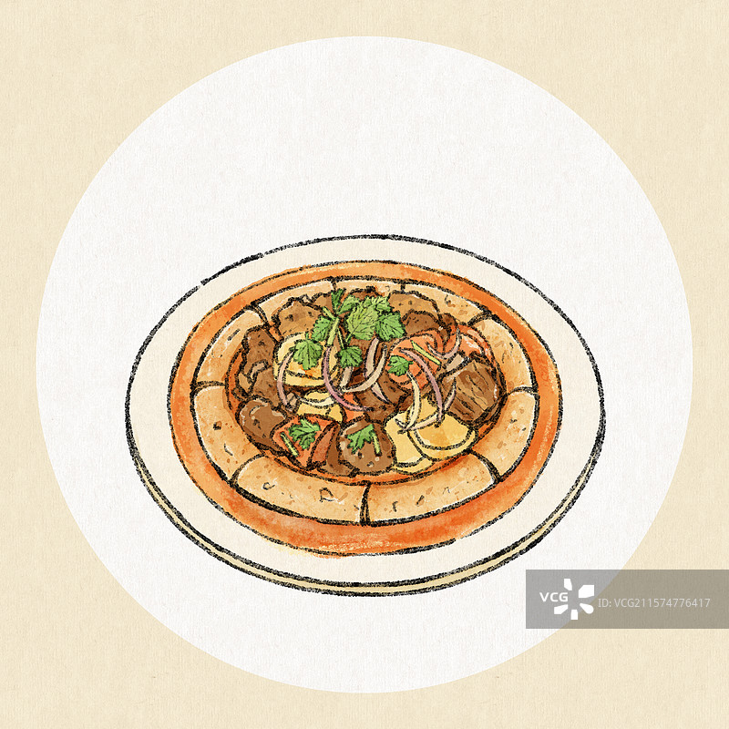 新疆美食国风插画-馕包肉图片素材