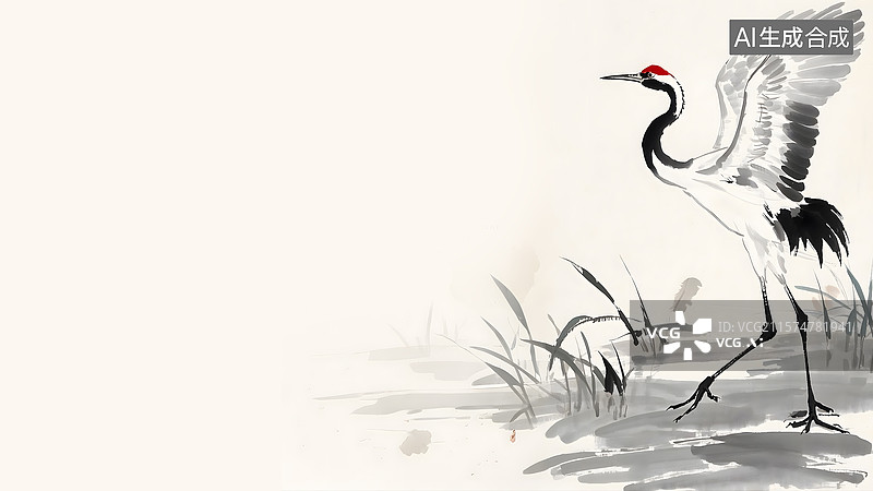 【AI数字艺术】丹顶鹤水墨画居右图片素材
