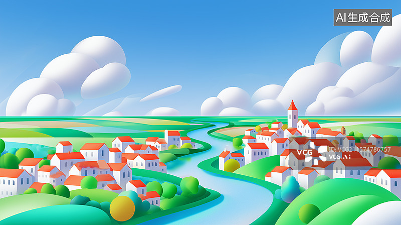 【AI数字艺术】田园小镇清新风景插画图片素材