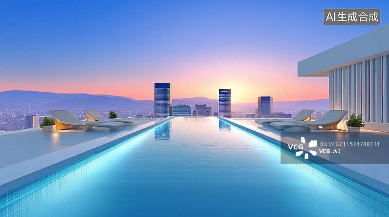 【AI数字艺术】高空无边泳池城市景观图片素材