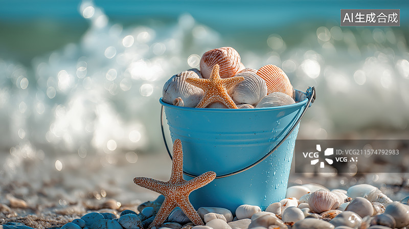 【AI数字艺术】海边蓝色桶装满贝壳与海星图片素材