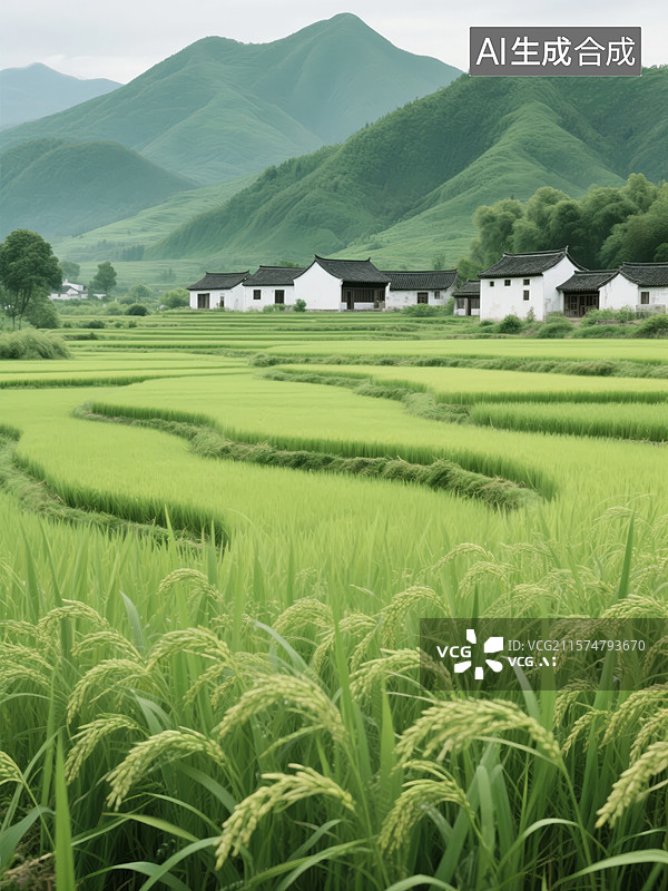 【AI数字艺术】青山环绕的稻田与白墙农舍图片素材
