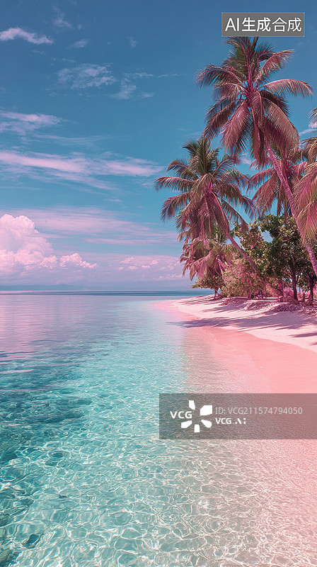 【AI数字艺术】热带海滩上的粉色沙滩与棕榈树图片素材