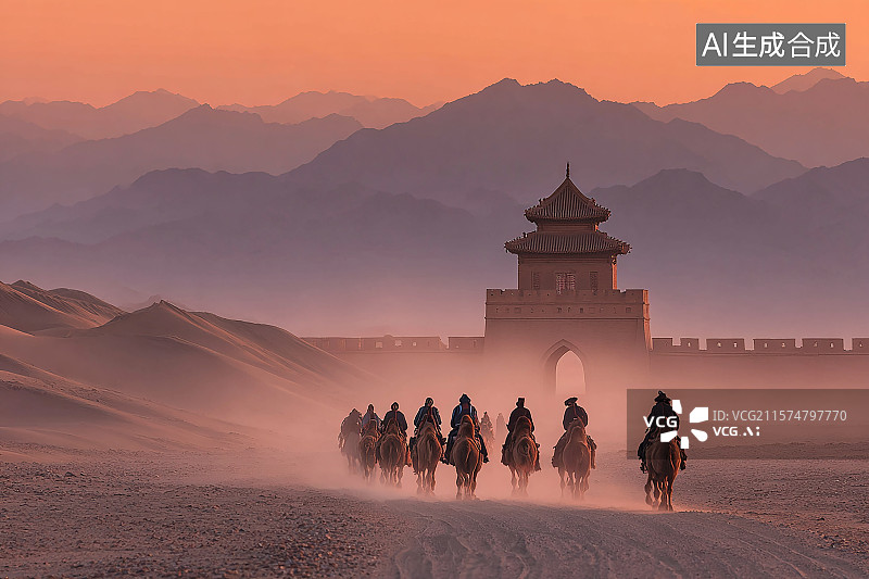 【AI数字艺术】夕阳下，城池关隘，一支骆驼队伍行走在沙漠中图片素材