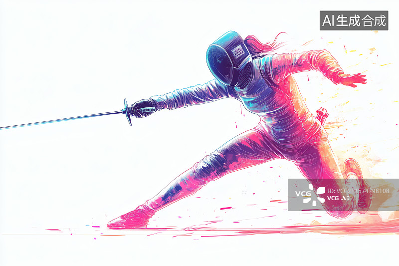 【AI数字艺术】击剑运动员手拿重剑用力向前刺去图片素材