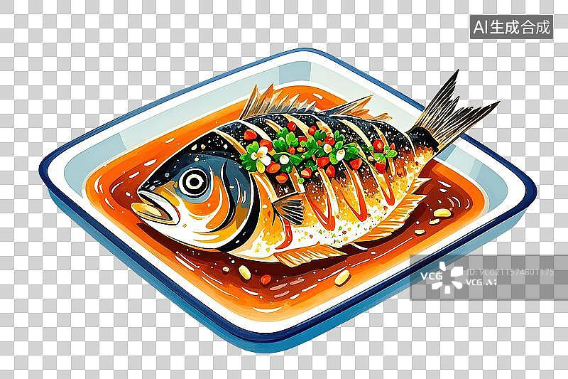 【AI数字艺术】国风手绘风格烤鱼插画图片素材