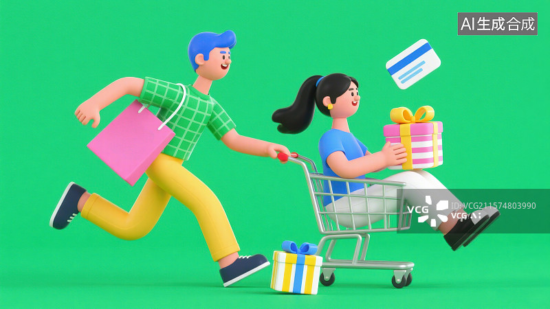 【AI数字艺术】3D三维购物年轻情侣逛街购物电商服装推着购物车礼物图片素材