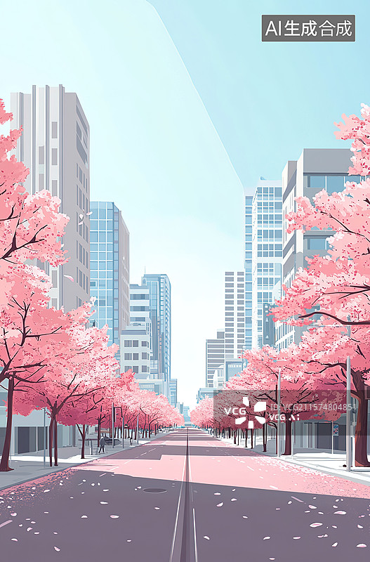 【AI数字艺术】樱花城市道路图片素材