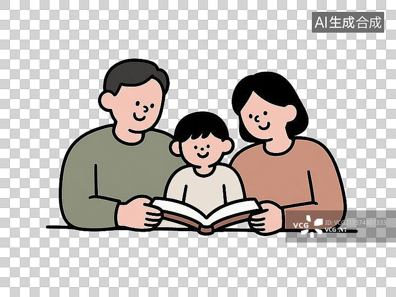 【AI数字艺术】卡通插画风格下一家三口一起看书图片素材