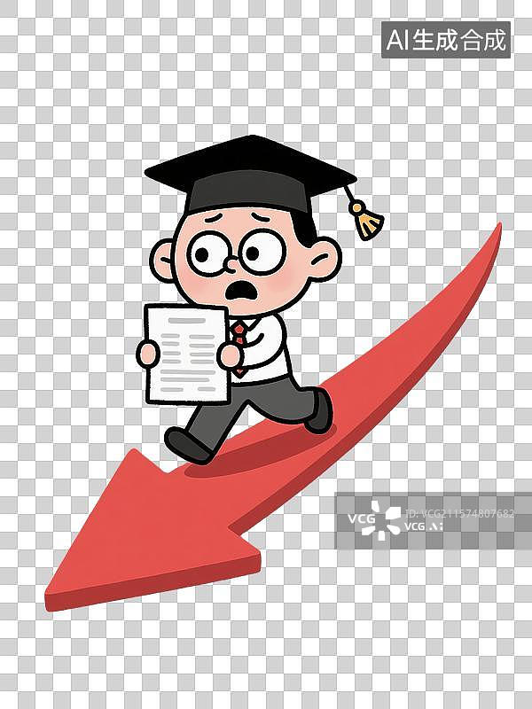【AI数字艺术】卡通插画风格中走在红色箭头上持简历的害怕学生图片素材