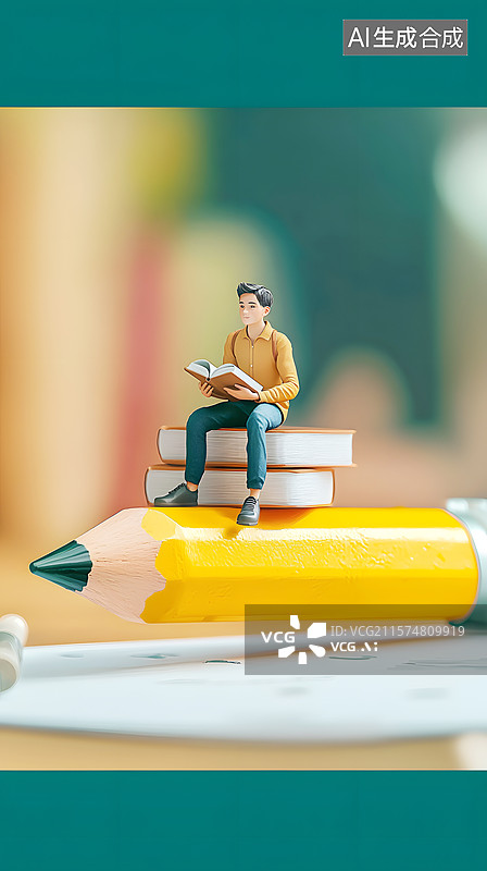 【AI数字艺术】AIGC:3D微缩创意学生坐在书本铅笔上 学习教育 高考中考 海报吧诶经图片素材