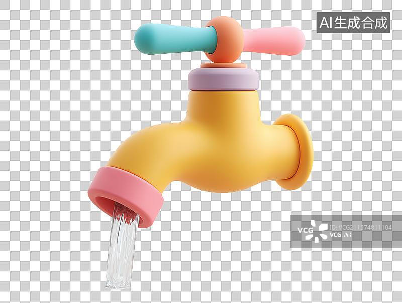 【AI数字艺术】【免抠png素材】3D卡通彩色流着自来水的水龙头图片素材