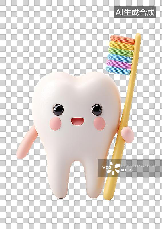 【AI数字艺术】【免抠png素材】一颗3D卡通牙齿拿着把牙刷图片素材